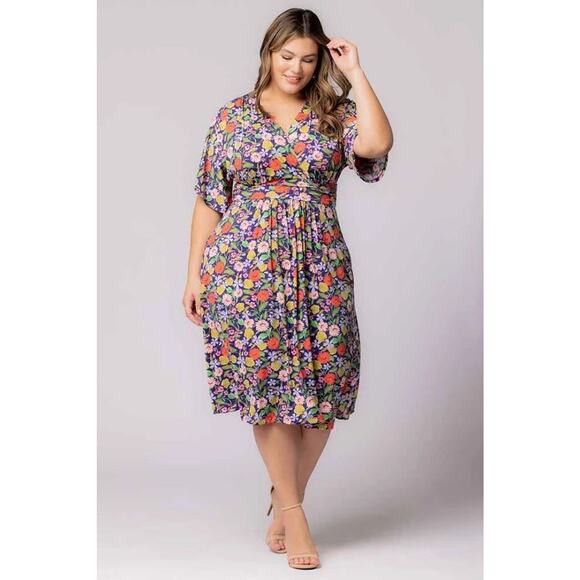 Kiyonna Gia Floral Midi Dress 2X Pockets Empire Waist Colorful Packable Party - Picture 2 of 11
